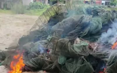 উল্লাপাড়ায় ১১০ পিচ চায়না দোয়ারী জাল আগুনে পুড়িয়ে ধংস
