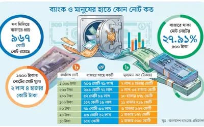 কাগুজে নোটের অর্ধেকই ১০০০ ও ৫০০ টাকার, সবচেয়ে কম ২০০ টাকা